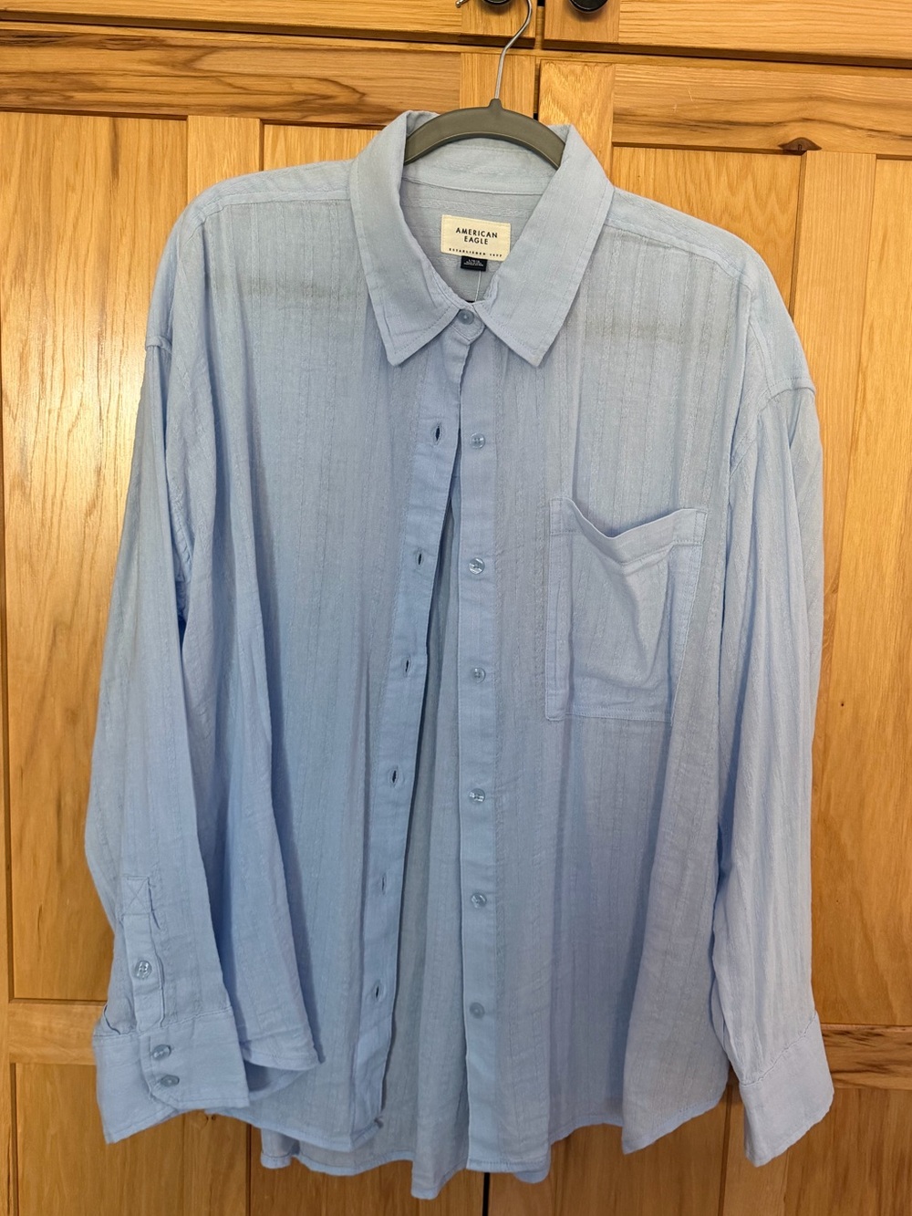 NWT American Eagle Perfect Button-Up Shirt Light Blue Oversized Gauze L Large
